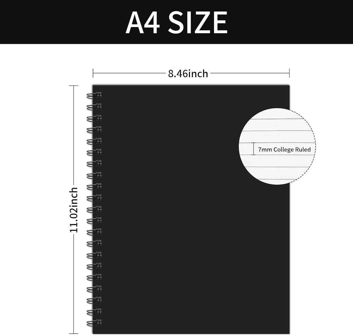 Lined Spiral Notebook 8.5"x11" Black Hardcover Journal 100GSM