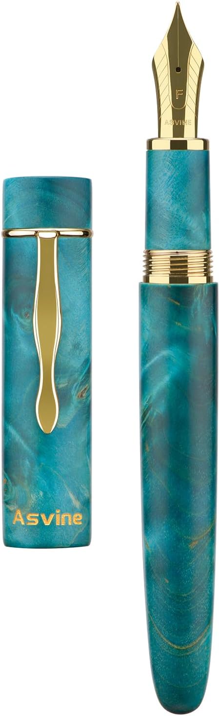 Asvine Stabilized Wood Fountain Pen C2000 Number 8 Fine Nib Large Handcraft Unique Pattern Pen with Converter Pen Box Collection Set- Oasis