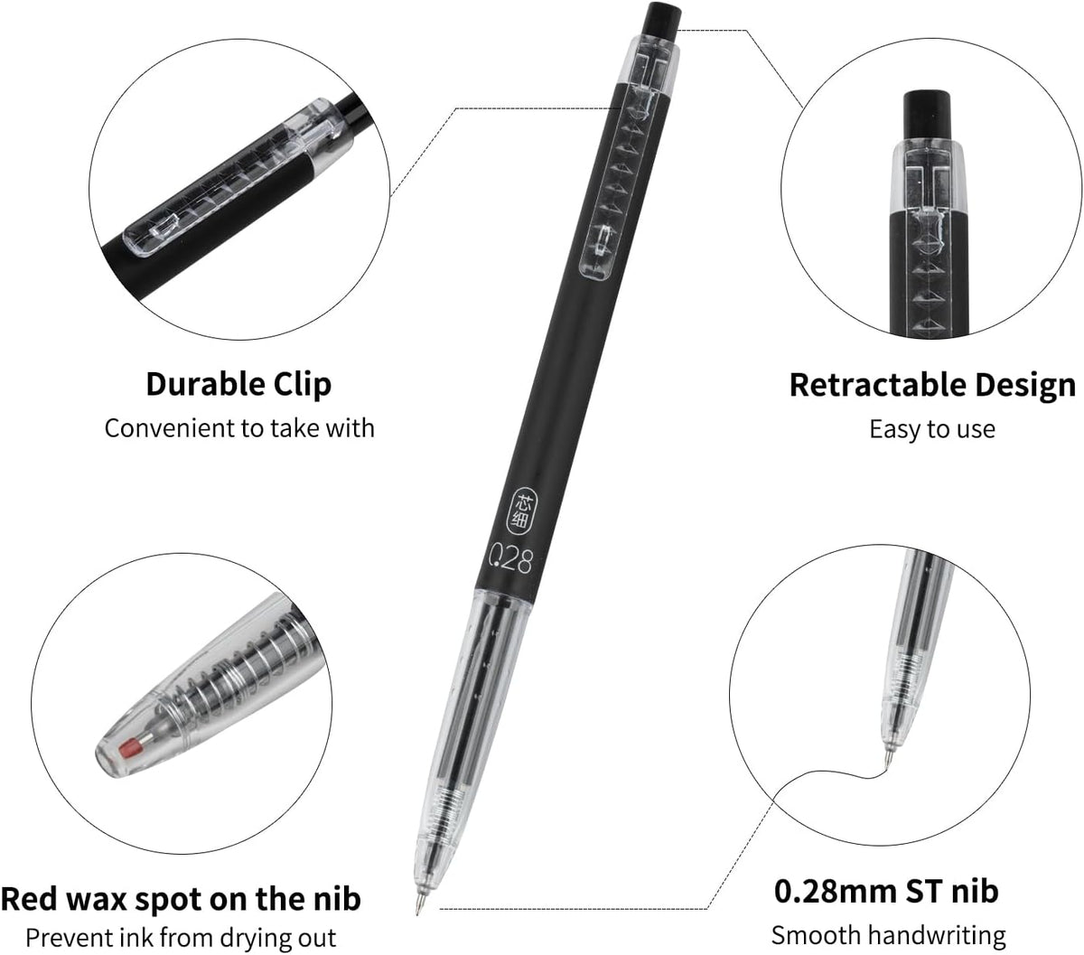 Gel Pens 0.28mm Extra Fine Point Pen, Black Ink, Ball Point Pen for School, Office, Stationery Supplies 6 Packs
