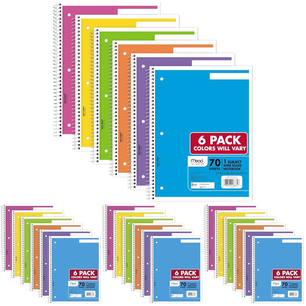 Mead Spiral Notebook, 6 Pack, 1 Subject, College Ruled Paper, 7-1/2" x 10-1/2", 70 Sheets per Notebook, Assorted Pastel Colors (830049)