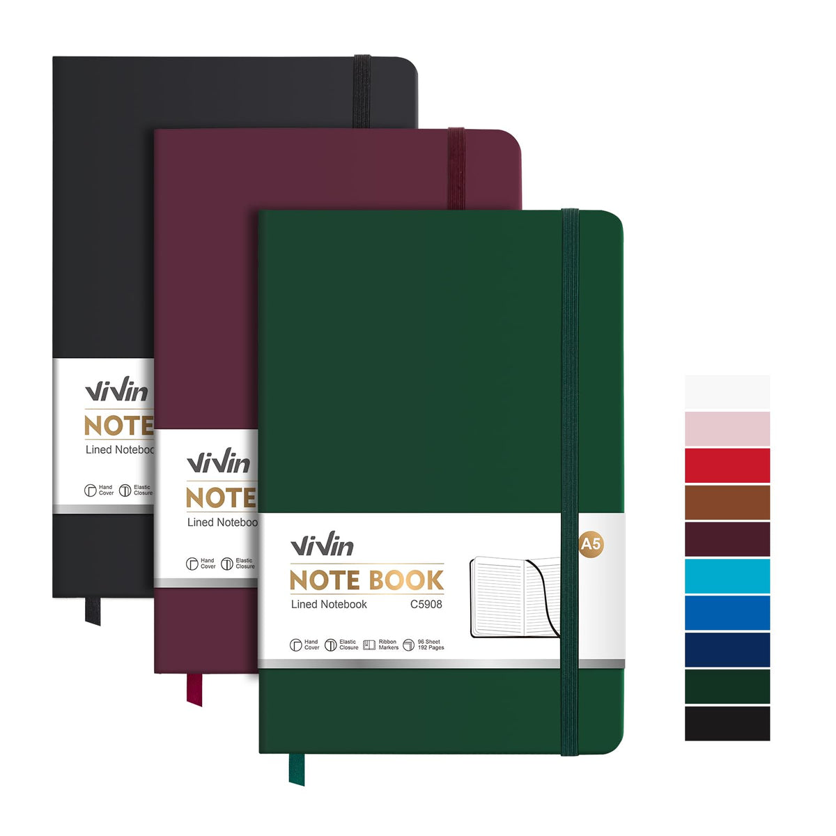 ViVin 3 Pack A5 Hardcover Lined Notebook,192 pg College Ruled 5.5x8.3