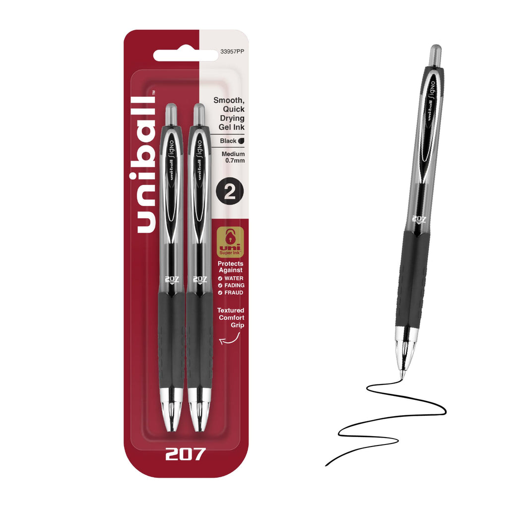 uniball™ 207 Gel Pens, Black Ink, 0.7mm Medium Point, Retractable, 12 Count