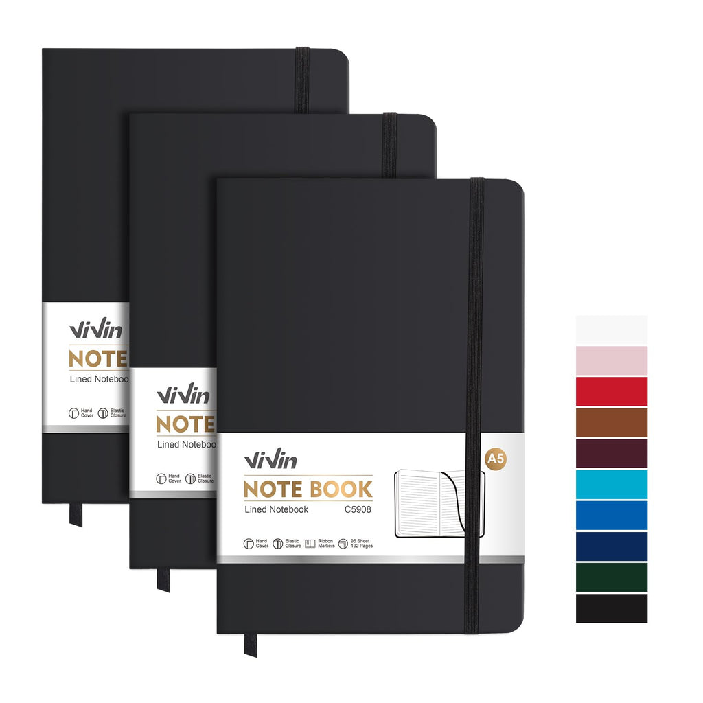 ViVin 3 Pack A5 Hardcover Lined Notebook,192 pg College Ruled 5.5x8.3