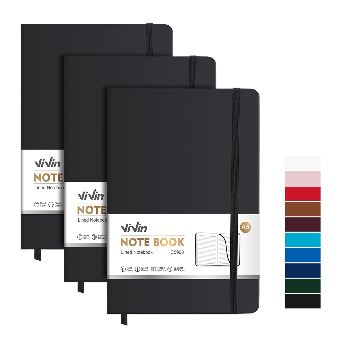 ViVin 3 Pack A5 Hardcover Lined Notebook,192 pg College Ruled 5.5x8.3