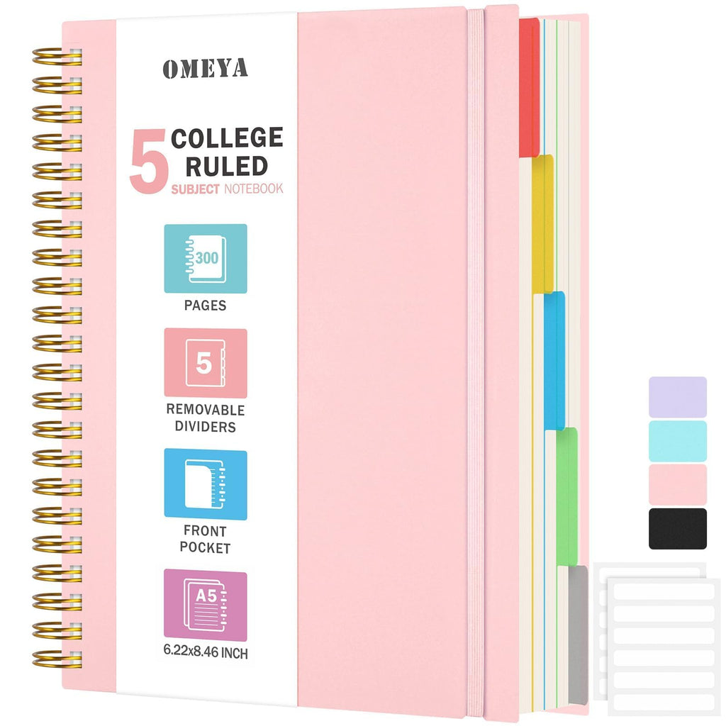 Spiral Notebook 8.5" x 11", 5 Subject Notebooks College Ruled with Dividers