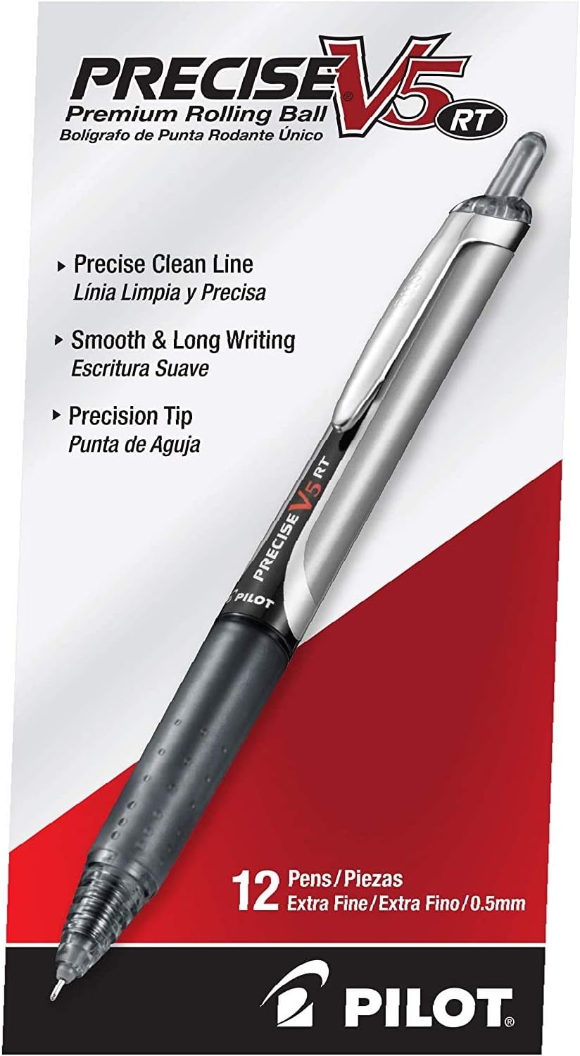 PILOT Precise V5 RT Rollerball Pens, Black, Pack of 12