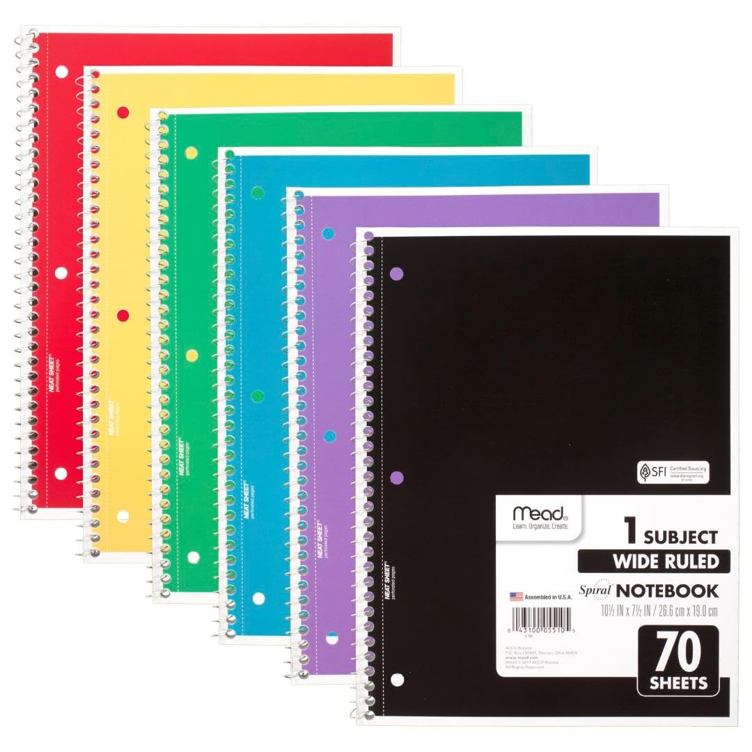 Mead Spiral Notebook, 12 Pack, 1 Subject, Wide Ruled Paper, 7-1/2" x 10-1/2", 70 Sheets per Notebook, Colors Will Vary (930202-ECM25)