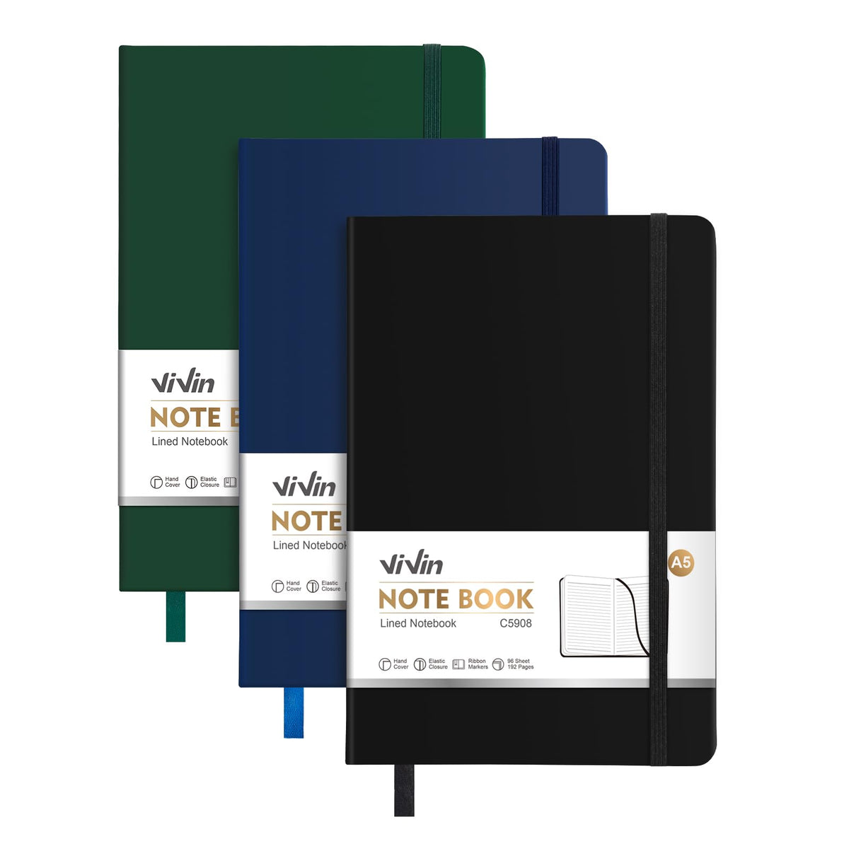 ViVin 3 Pack A5 Hardcover Lined Notebook,192 pg College Ruled 5.5x8.3