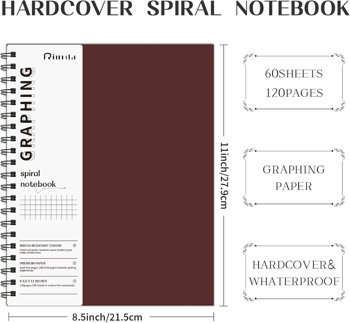 Spiral Notebooks 8.5x11,4 Pack Grid Notebook (GRAPH, Mult-color)