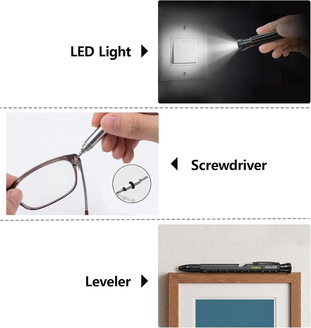 ROATEE Fathers Day Men Multi Tool Pen 12 in 1 Cool Stuff Gadgets Gift for Husband Dad Birthday Personalized Gifts Fidget Construction Pen with Small Screwdriver, Level, Ruler,Led Light, Black