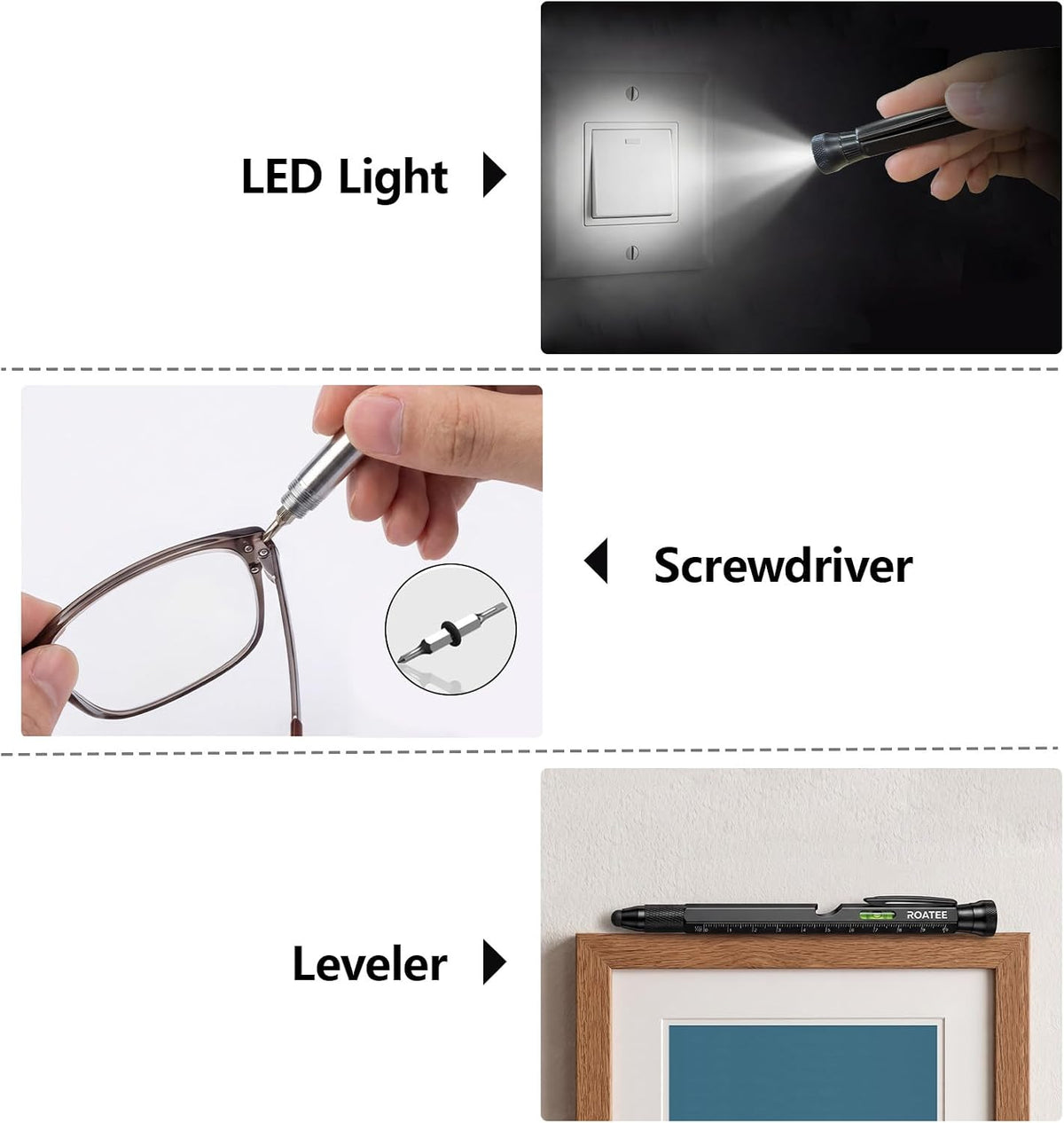 ROATEE Fathers Day Men Multi Tool Pen 12 in 1 Cool Stuff Gadgets Gift for Husband Dad Birthday Personalized Gifts Fidget Construction Pen with Small Screwdriver, Level, Ruler,Led Light, Black