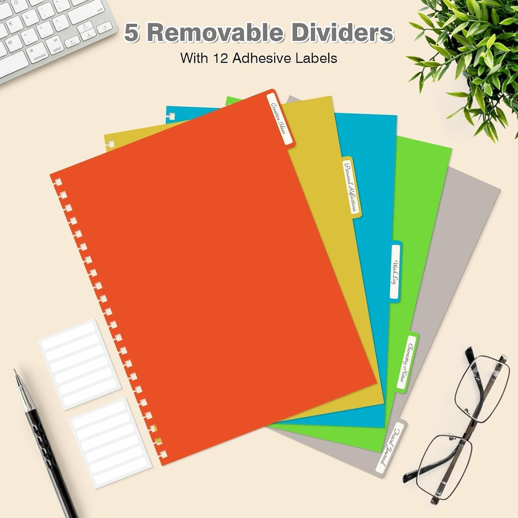 Spiral Notebook 8.5" x 11", 5 Subject Notebooks College Ruled with Dividers