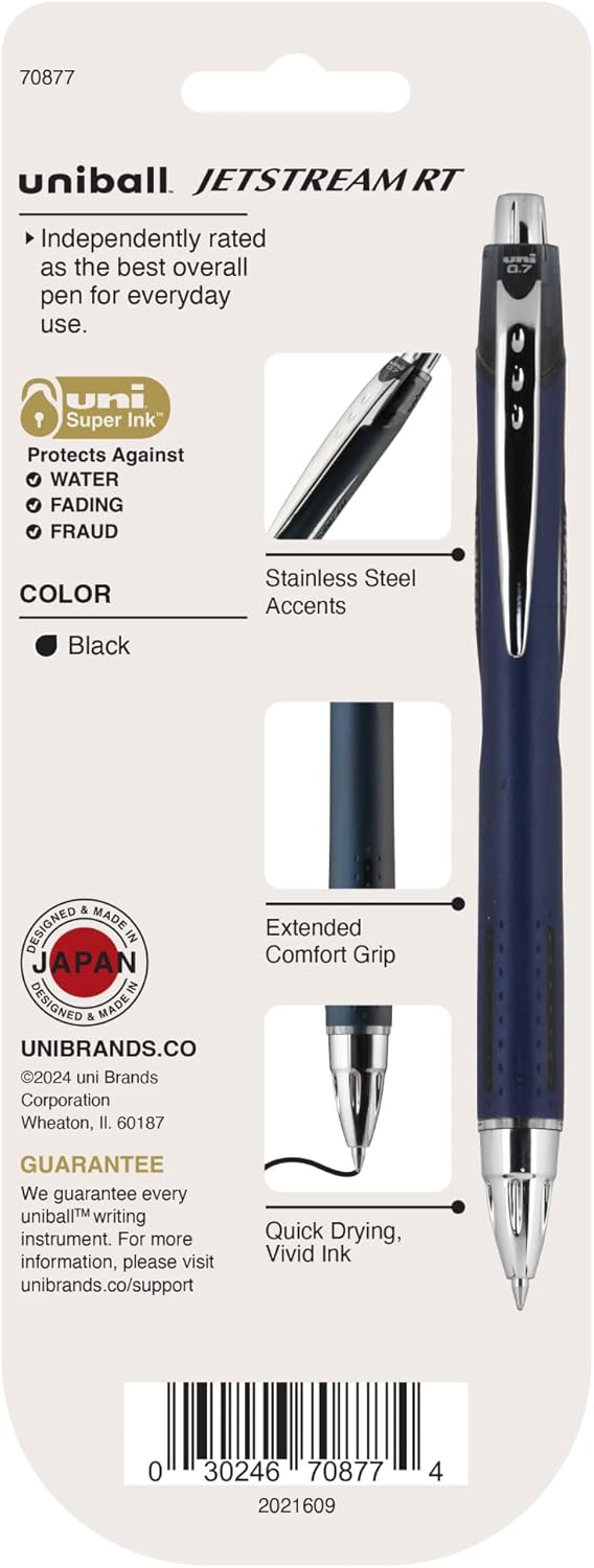 uniball™ Jetstream RT Ballpoint Pens, Black Ink, 0.7mm Fine Point, 3 Count