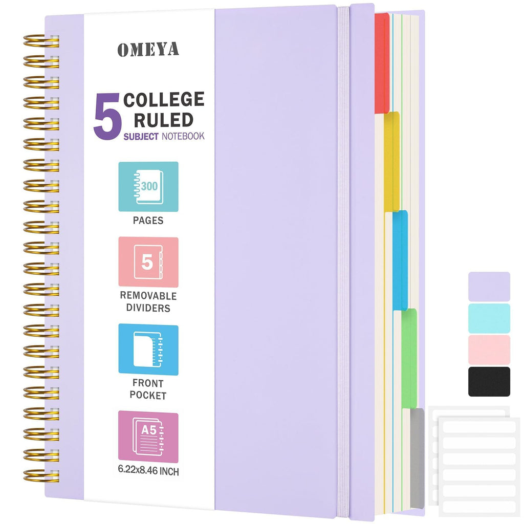 Spiral Notebook 8.5" x 11", 5 Subject Notebooks College Ruled with Dividers