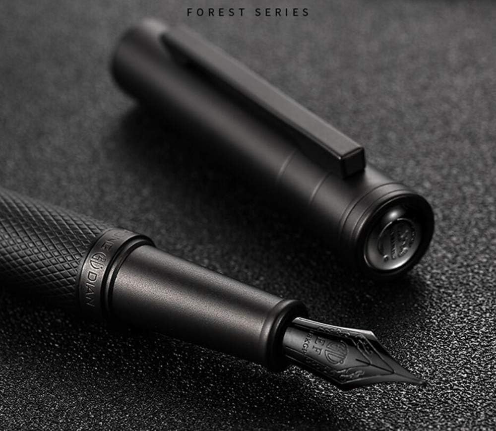 Matte Black Forest Fountain Pen Extra Fine Nib Classic Design with Converter and Metal Pen Box Set by Asvine