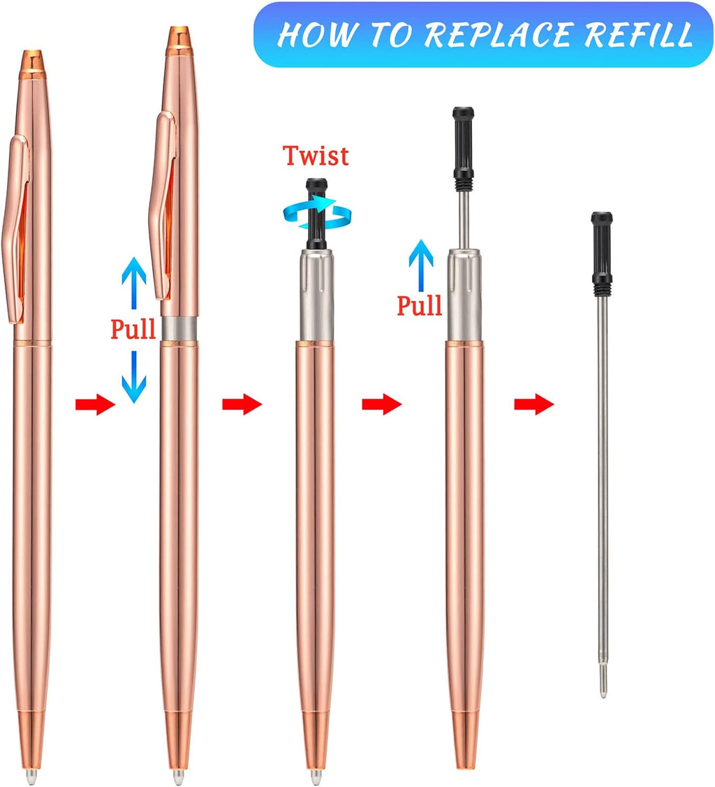 Wikult 6 Pieces Rose Gold Slim Metal Ballpoint Pen, 1mm Medium Point Black Ink Smooth Writing, for Business Office Teacher Student Wedding Guest