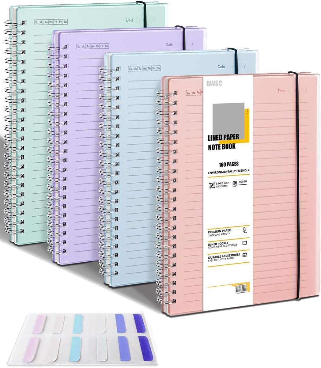 OWSC 4 Pack College Ruled Spiral Notebook, Notebooks for Work A5 Lined