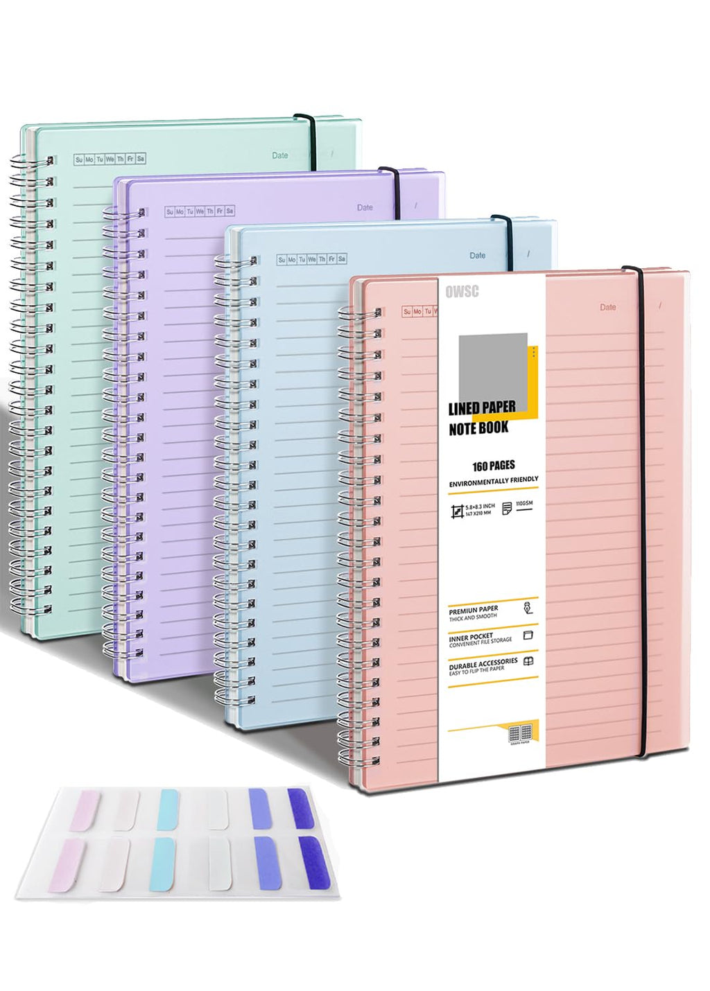 OWSC 4 Pack College Ruled Spiral Notebook, Notebooks for Work A5 Lined