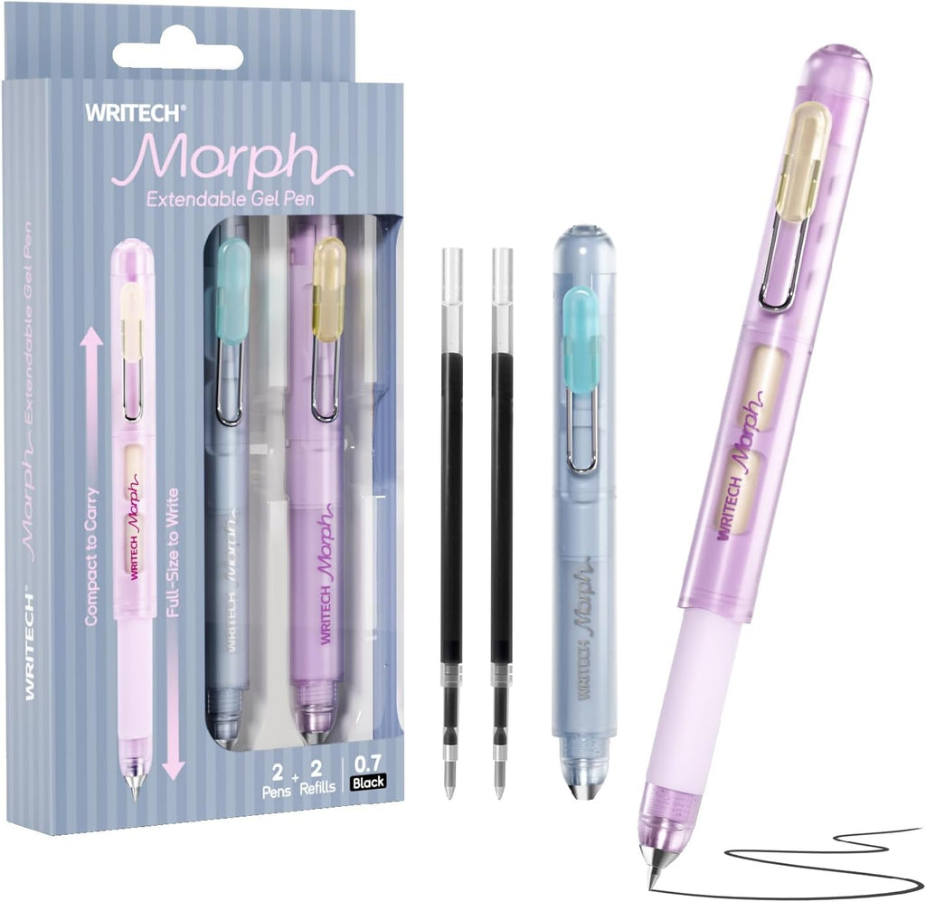 WRITECH Morph Extendable Gel Pens: 0.7mm Medium Point Black Ink Pocket-to-Full-Size Design Translucent Soft Grip Barrel Includes 2 Pens and 2 Refills Dual-Length Pocket Pen 4.6" to 6.1"