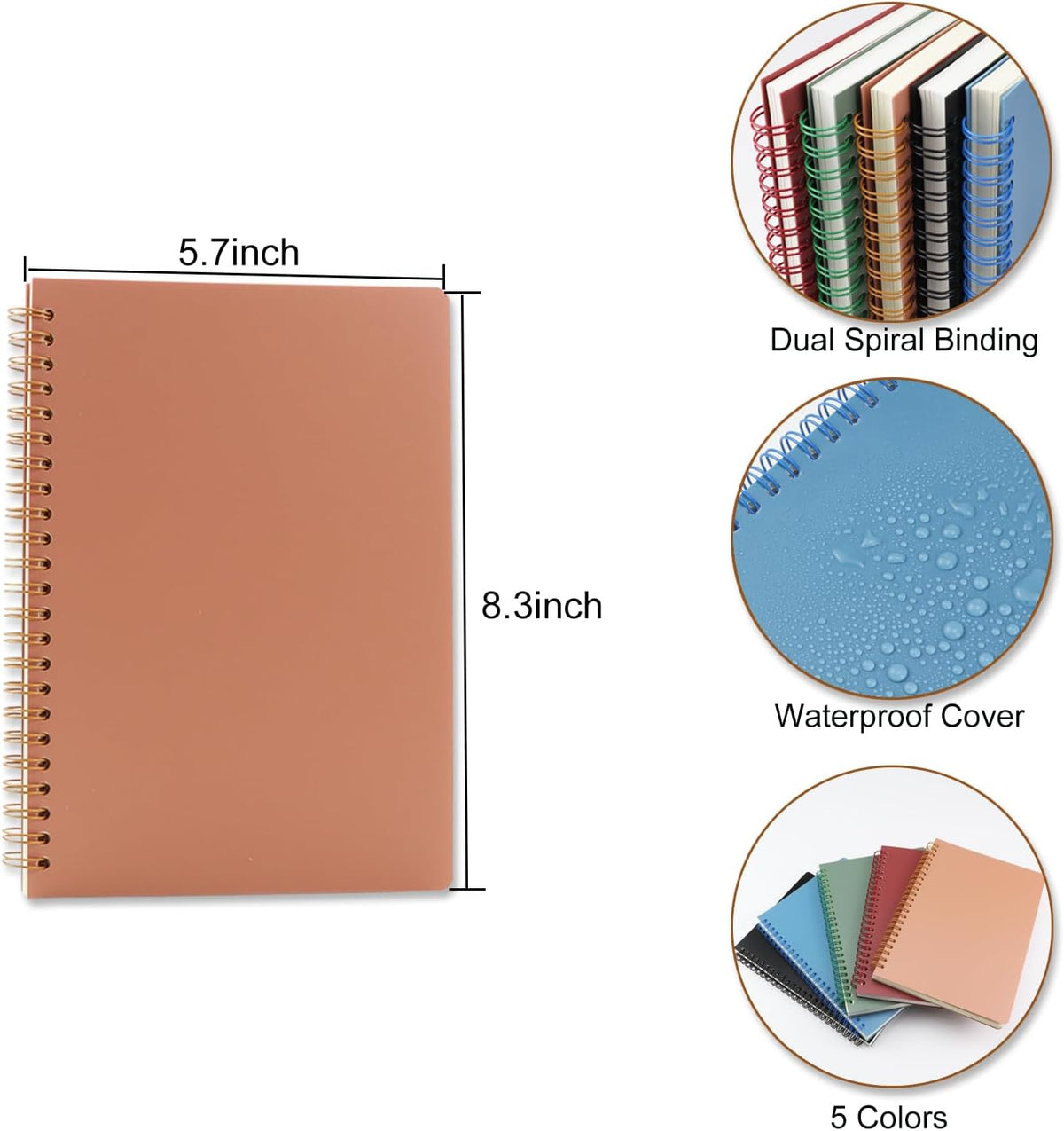5 Pack Spiral Notebooks 8.3" x 5.7", 80 Sheets College Ruled Notebook with Plastic Waterproof Cover, A5 Lined Journal for Office, School,Home