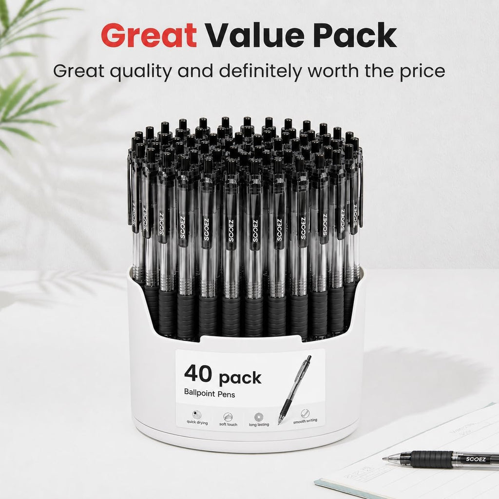 Sooez 40 Pack Bulk Pens Ballpoint, Smooth Writing Pens with Soft Grip