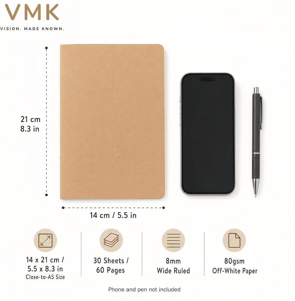 VMK 50 Pack A5 Wide Ruled Lay Flat Notebooks Bulk, Kraft Brown Softcover