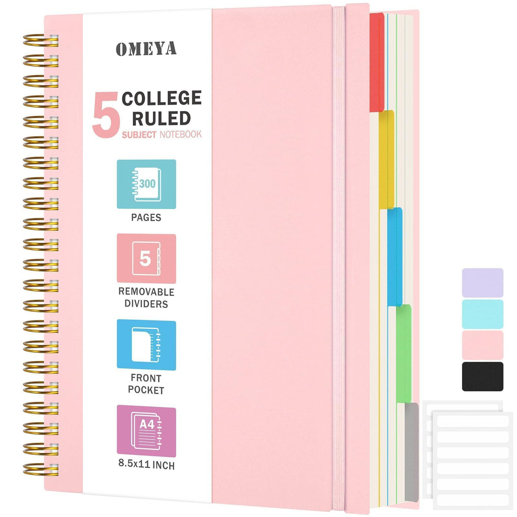 Spiral Notebook 8.5" x 11", 5 Subject Notebooks College Ruled with Dividers