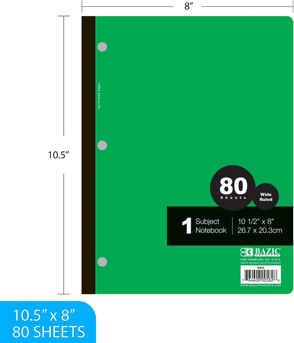 BAZIC PRODUCTS 1-Subject Wireless Notebook, Wide-Ruled, 80 Sheets, 6 Titles
