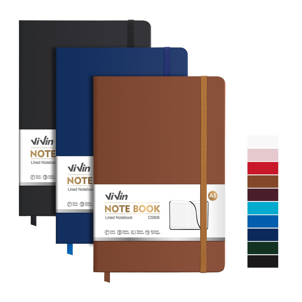 ViVin 3 Pack A5 Hardcover Lined Notebook,192 pg College Ruled 5.5x8.3