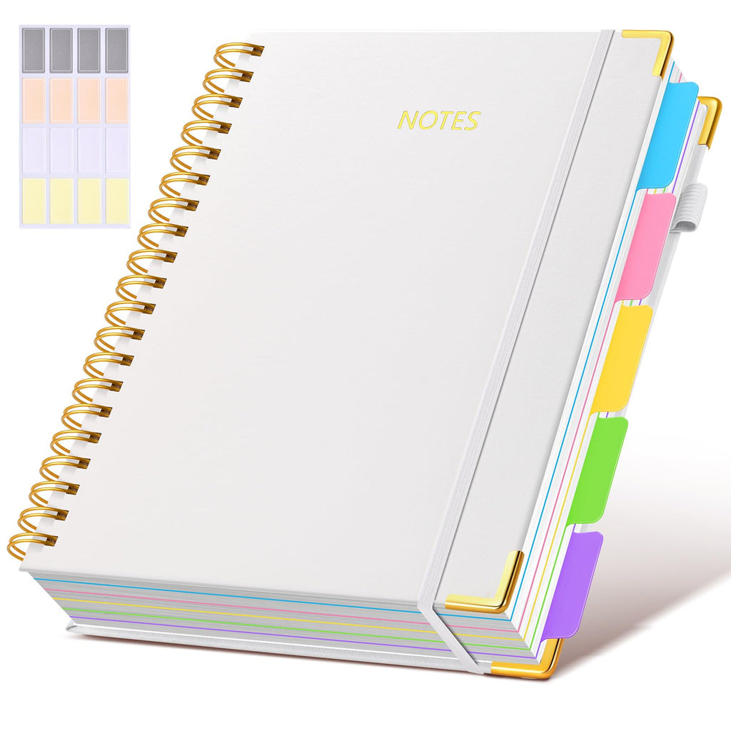 Hardcover Spiral Notebook journal with Removable Dividers Tabs, 300 Pages Leather 5 Subject Notebook College Ruled, 8"x10" Large B5 Notebooks for Work School Note taking, Lined Journal for Women,Black