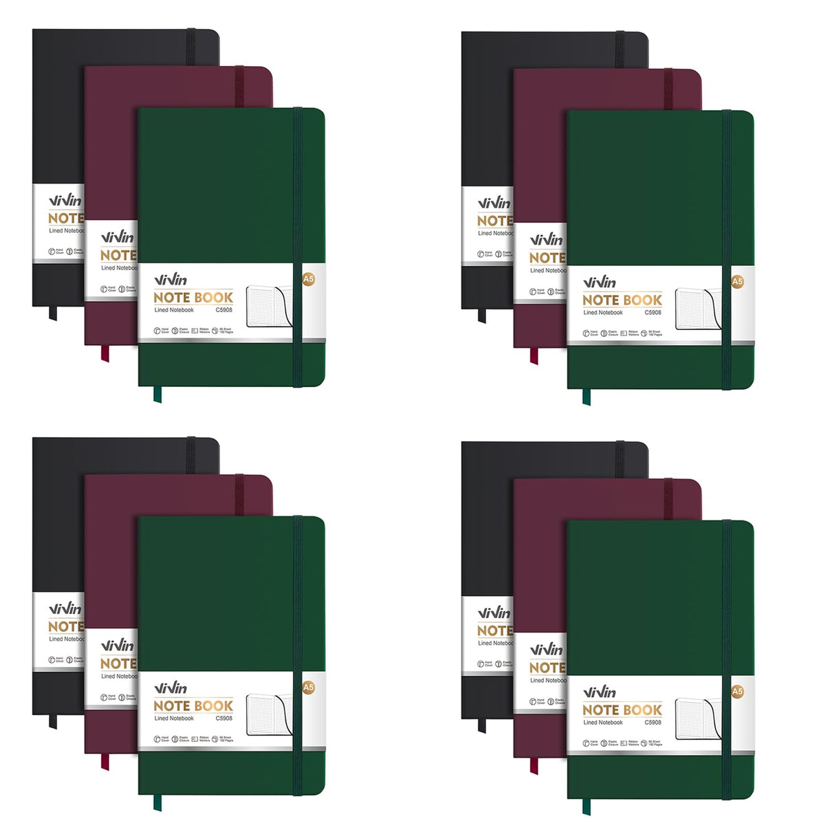 ViVin 3 Pack A5 Hardcover Lined Notebook,192 pg College Ruled 5.5x8.3