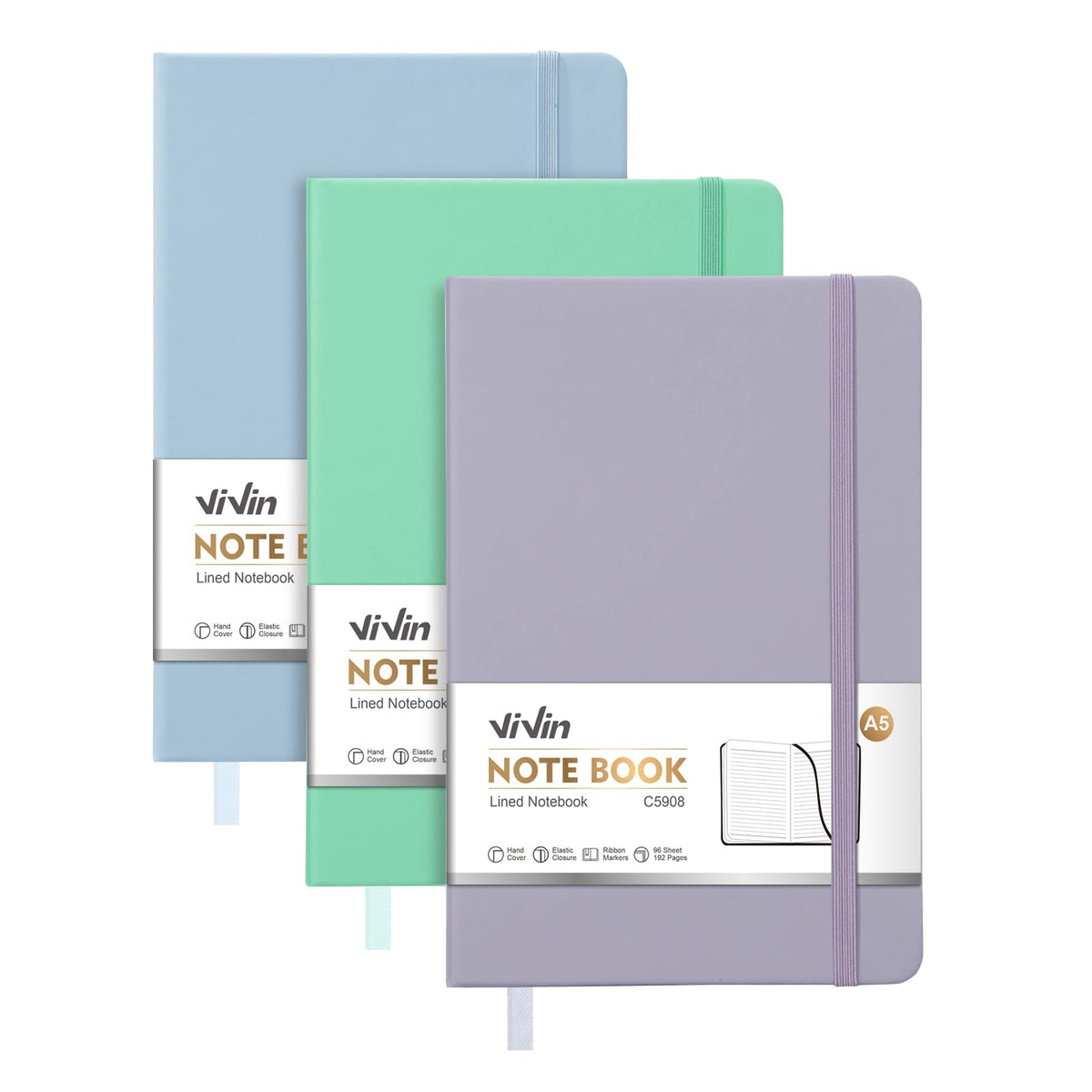 ViVin 3 Pack A5 Hardcover Lined Notebook,192 pg College Ruled 5.5x8.3