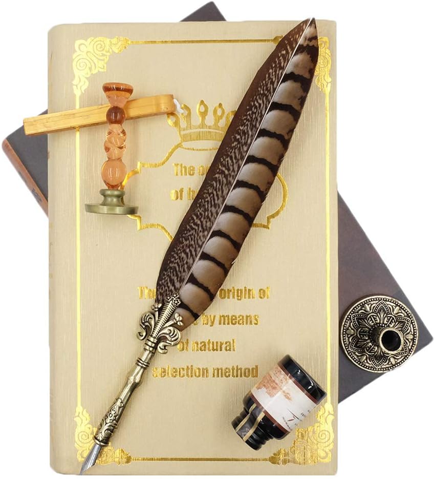 Antique Quill Pen Unique Half-Patterned Feather Pen Set with 6 Nibs 1 Bottle of Ink 1 Seal Stamp 1 Pen Holder 1 Sealing Wax LL-149
