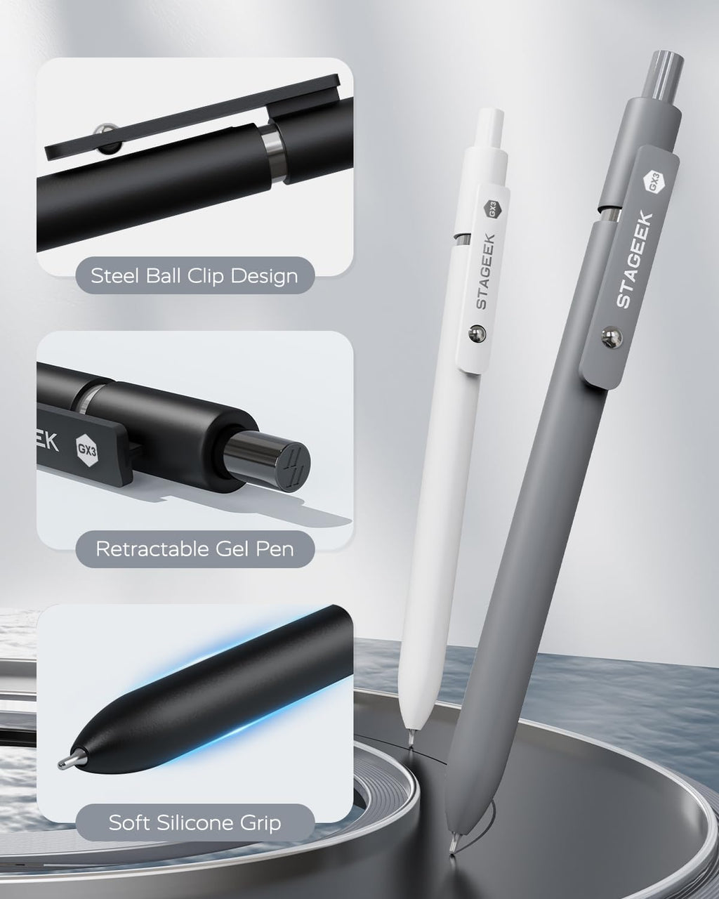 STAGEEK GX3 Black Gel Pens,6Pcs Quick Dry Smooth Writing Pen with 3 Refills
