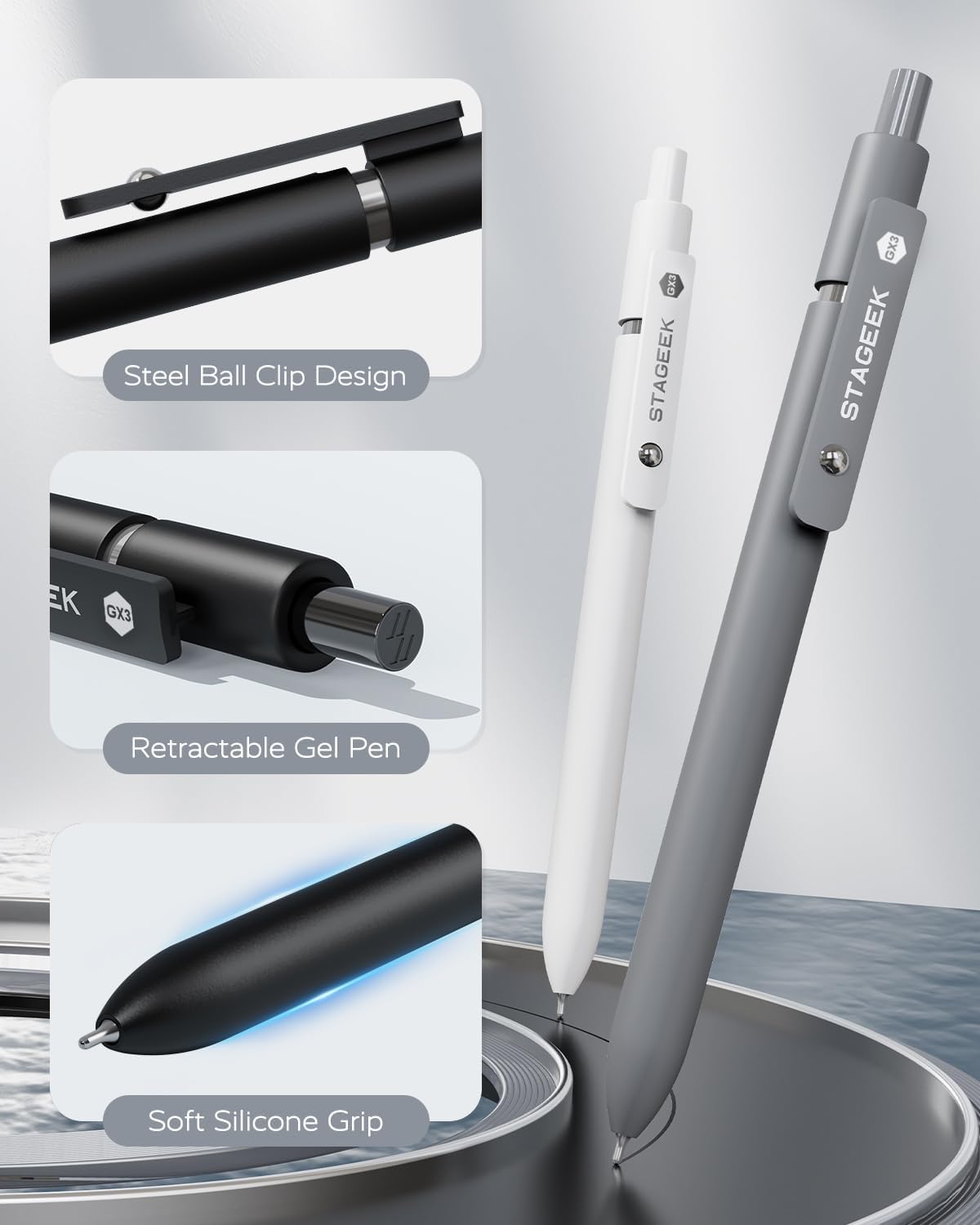 STAGEEK GX3 Black Gel Pens,6Pcs Quick Dry Smooth Writing Pen with 3 Refills