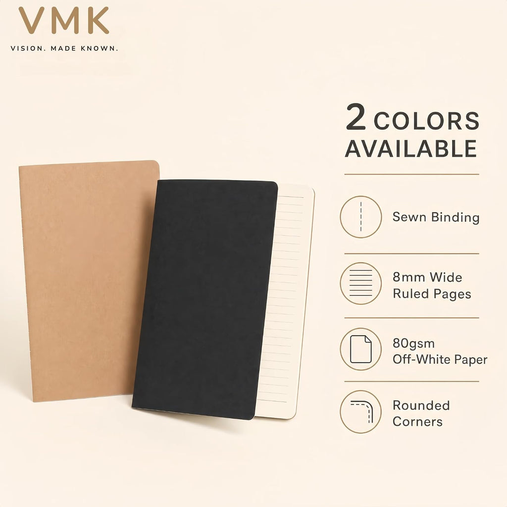 VMK 50 Pack A5 Wide Ruled Lay Flat Notebooks Bulk, Kraft Brown Softcover