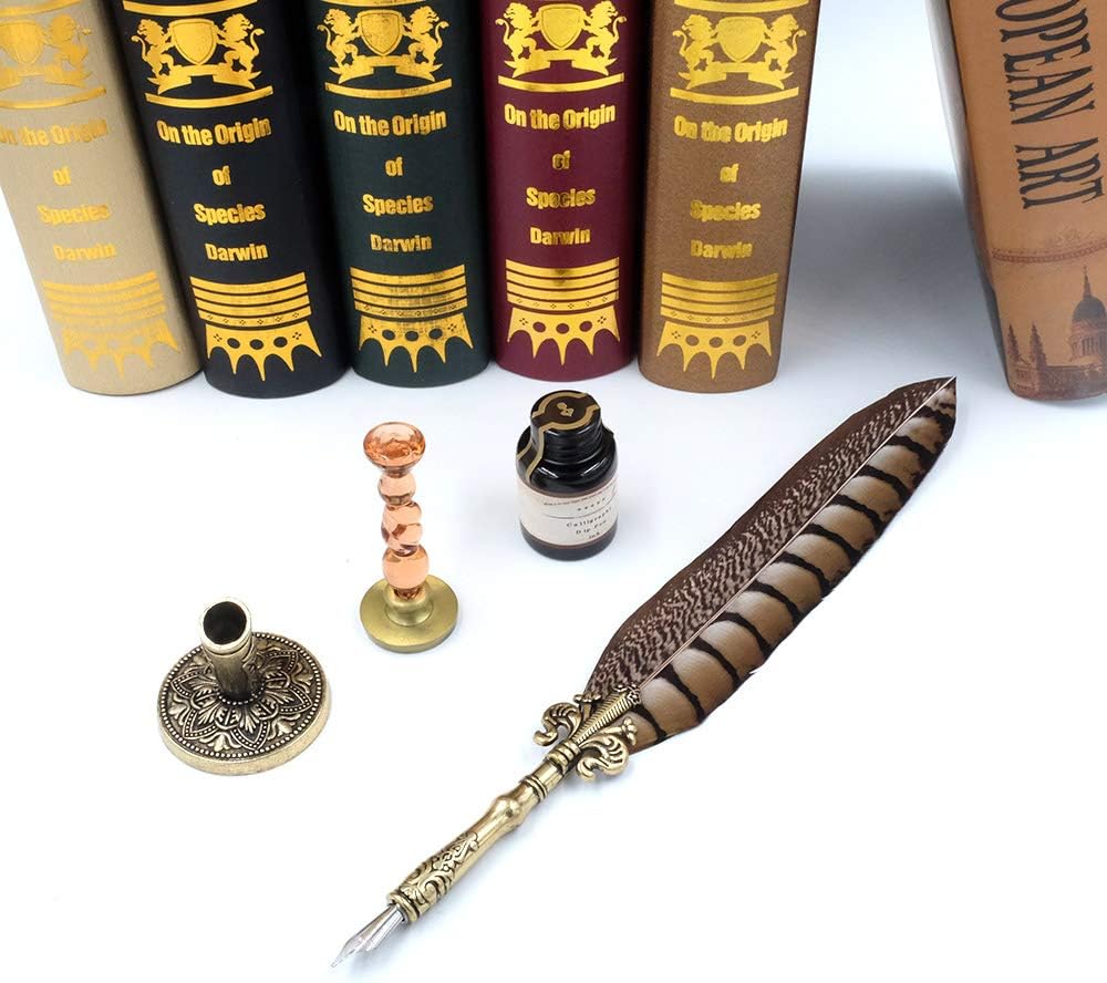 Antique Quill Pen Unique Half-Patterned Feather Pen Set with 6 Nibs 1 Bottle of Ink 1 Seal Stamp 1 Pen Holder 1 Sealing Wax LL-149