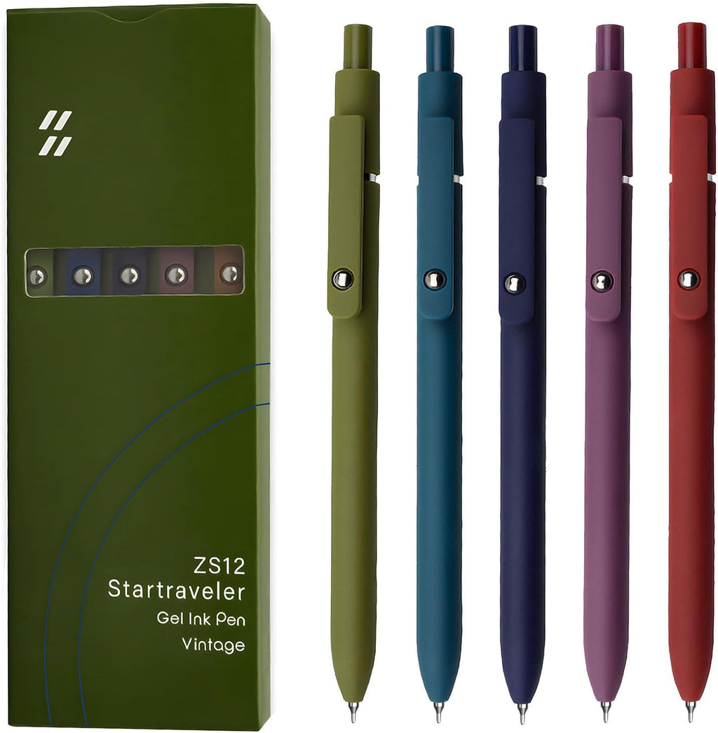 UIXJODO Gel Pens, 5 Pcs 0.5mm Black Ink Pens Fine Point Smooth Writing Pens with Silicone Grip, High-End Series Metal Clip Retractable Pens for Journaling Note Taking (Vintage)