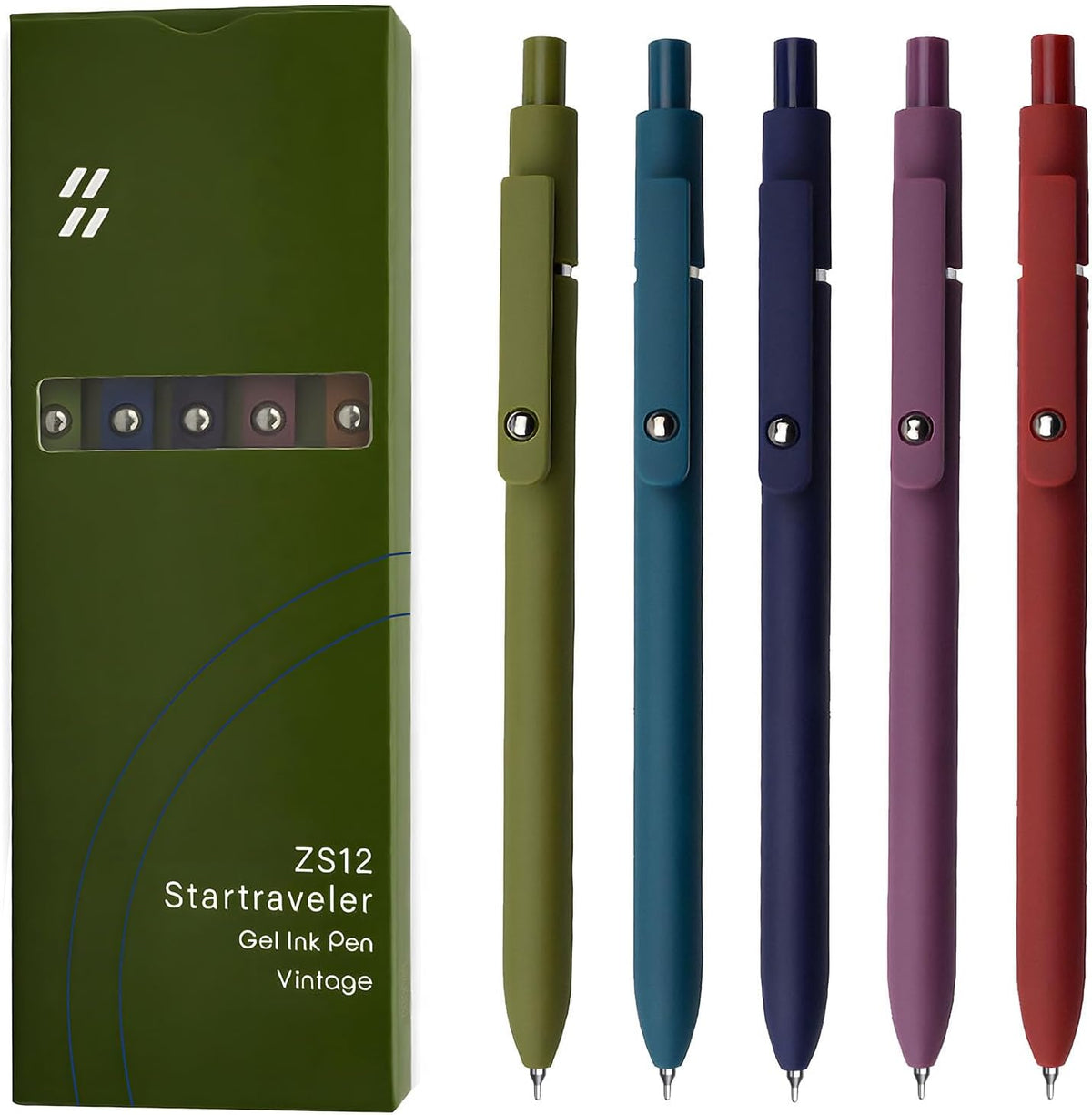 UIXJODO Gel Pens, 5 Pcs 0.5mm Black Ink Pens Fine Point Smooth Writing Pens with Silicone Grip, High-End Series Metal Clip Retractable Pens for Journaling Note Taking (Vintage)