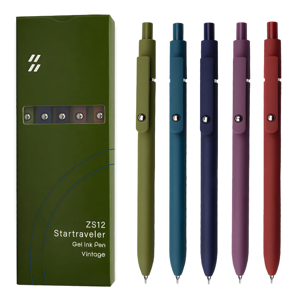 UIXJODO Gel Pens, 5 Pcs 0.5mm Black Ink Pens Fine Point Smooth Writing Pens with Silicone Grip, High-End Series Metal Clip Retractable Pens for Journaling Note Taking (Vintage)