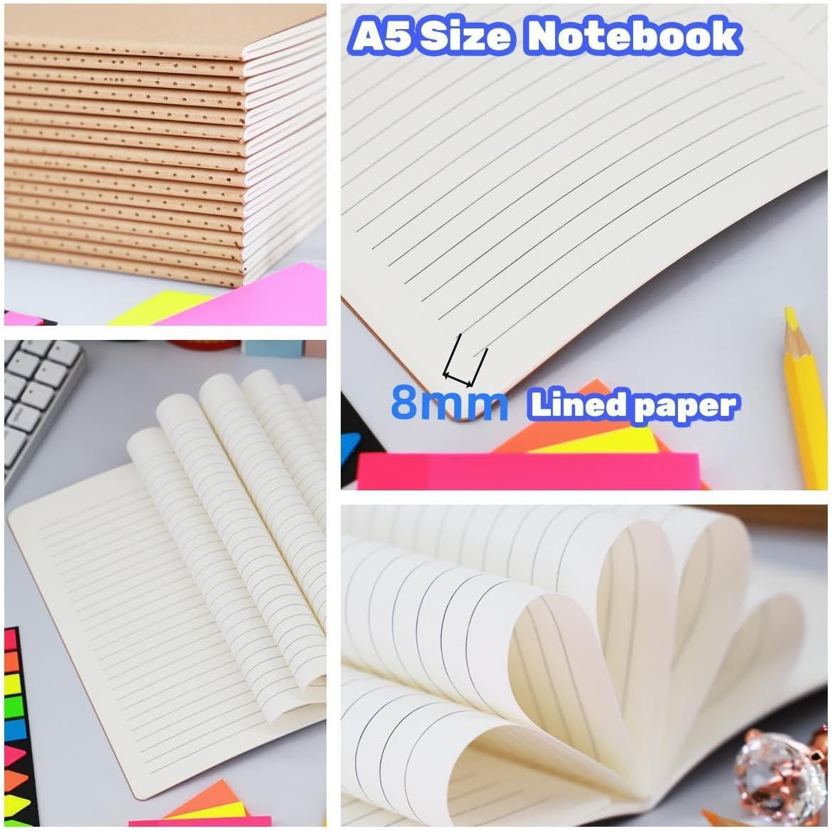 16 Pack Kraft Notebooks, 60 Pages Notebook, 8.3x5.5 Inch, A5 Notebooks for Work, Travel, Business, School & More - College Ruled Notebook - Softcover Journals for Women & Men - Lined Note Books