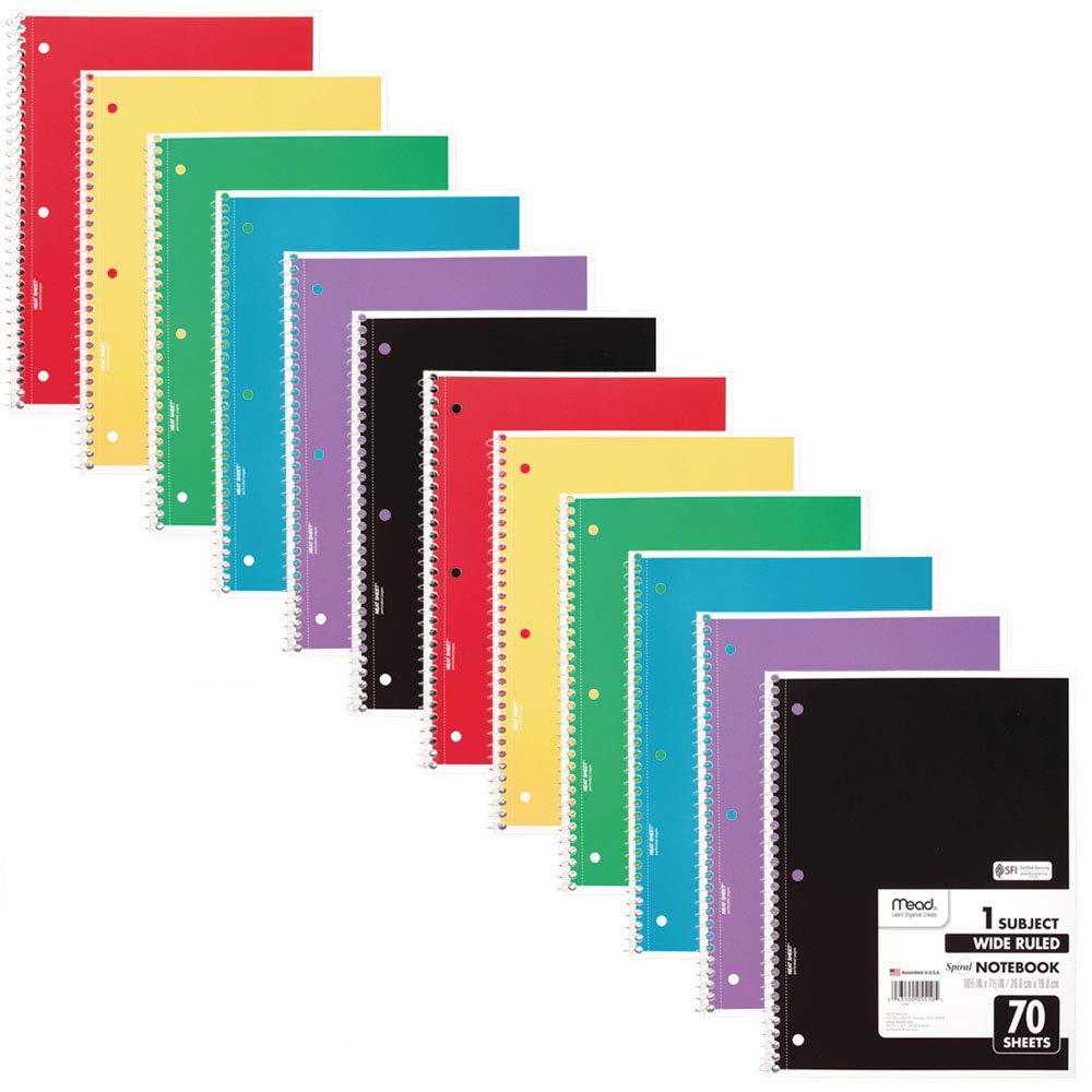Mead Spiral Notebook, 24 Pack, 1 Subject, Wide Ruled Paper, 7-1/2" x 10-1/2", 70 Sheets per Notebook, Colors Will Vary (930203-ECM25)