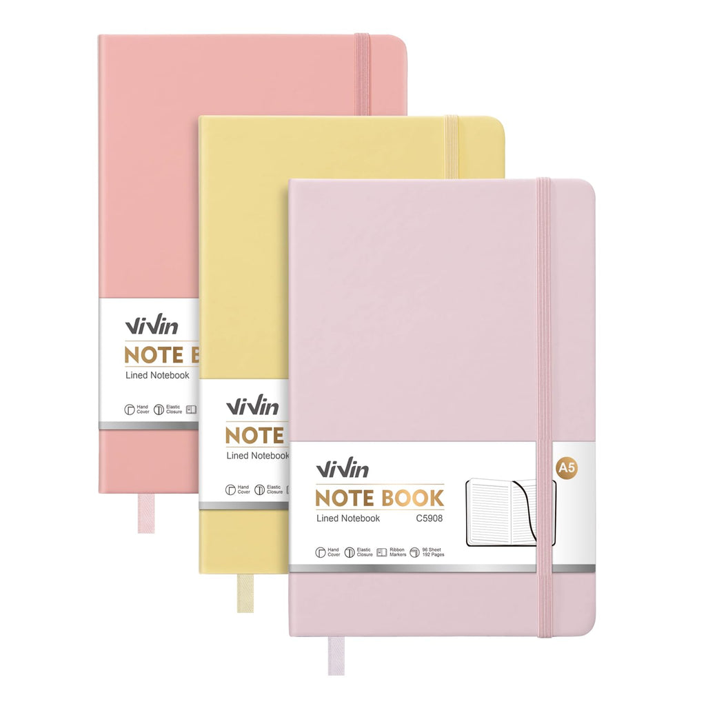 ViVin 3 Pack A5 Hardcover Lined Notebook,192 pg College Ruled 5.5x8.3