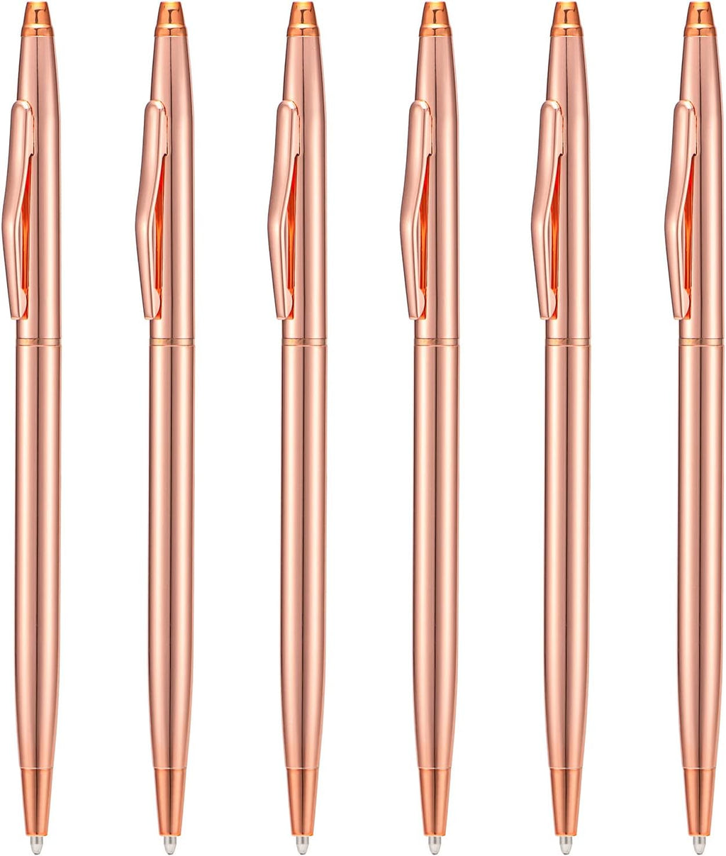 Wikult 6 Pieces Rose Gold Slim Metal Ballpoint Pen, 1mm Medium Point Black Ink Smooth Writing, for Business Office Teacher Student Wedding Guest