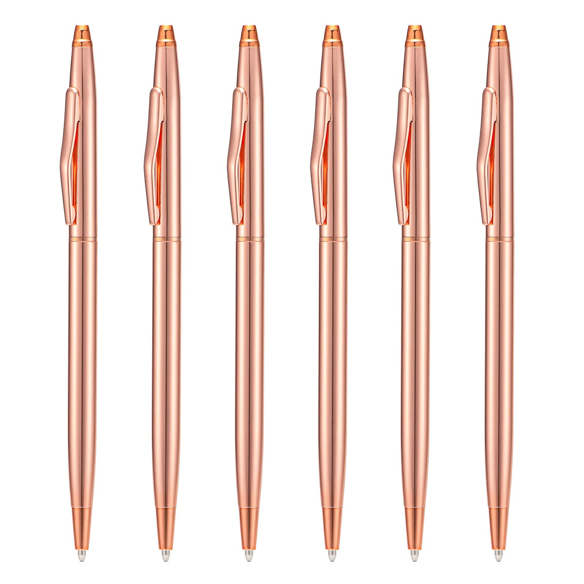 Wikult 6 Pieces Rose Gold Slim Metal Ballpoint Pen, 1mm Medium Point Black Ink Smooth Writing, for Business Office Teacher Student Wedding Guest