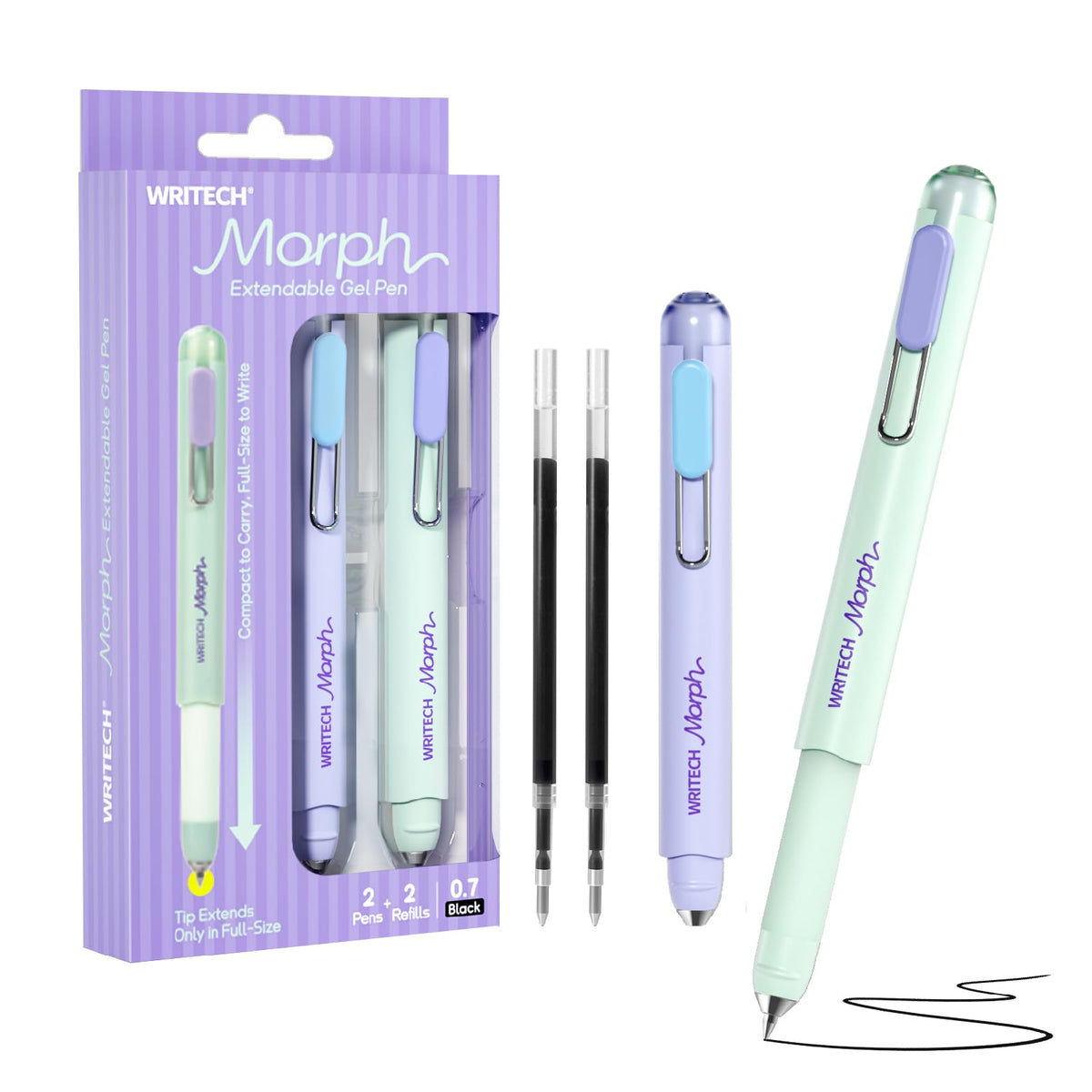 WRITECH Morph Extendable Gel Pens: 0.7mm Medium Point Black Ink Pocket-to-Full-Size Design Translucent Soft Grip Barrel Includes 2 Pens and 2 Refills Dual-Length Pocket Pen 4.6" to 6.1"