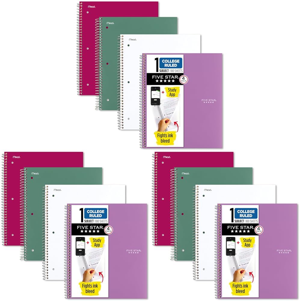 Five Star Spiral Notebook + Study App, 4 Pack, 1 Subject, Wide Ruled Paper, 8" x 10-1/2", 100 Sheets, Fights Ink Bleed, Water Resistant Cover, Purple, Pink, Gray and Blue (930105-ECM)