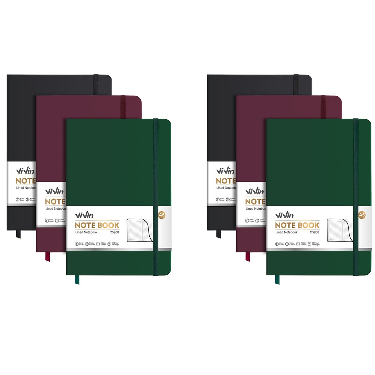 ViVin 3 Pack A5 Hardcover Lined Notebook,192 pg College Ruled 5.5x8.3