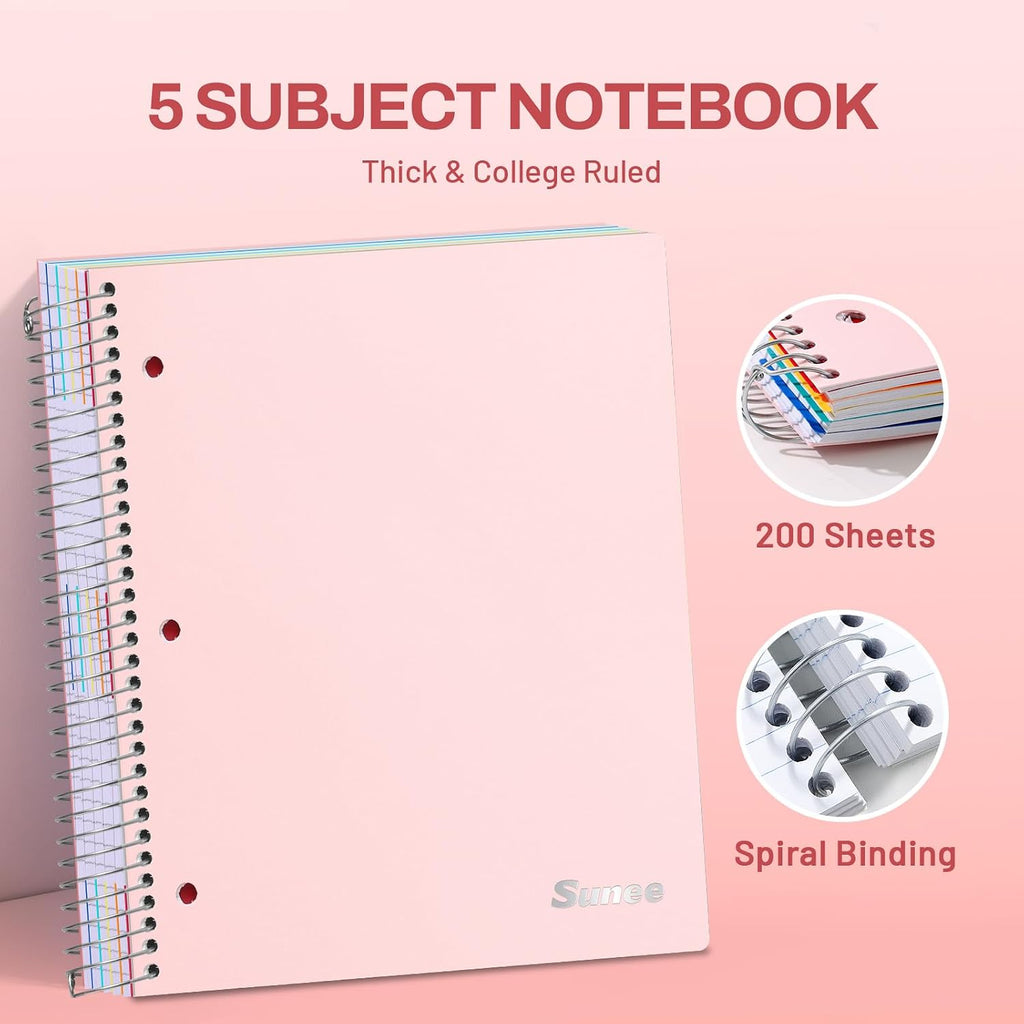 SUNEE 5 Subject Notebook College Ruled - 400 Pages, 9"x11", 5 Pocket Colored Dividers, 3-Hole Punched Paper, Pink
