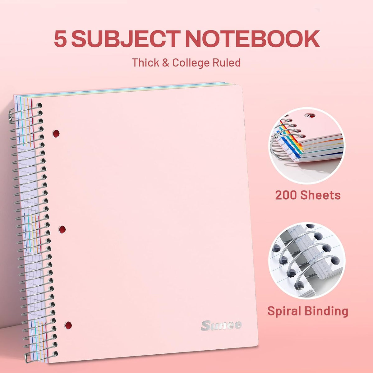 SUNEE 5 Subject Notebook College Ruled - 400 Pages, 9"x11", 5 Pocket Colored Dividers, 3-Hole Punched Paper, Pink